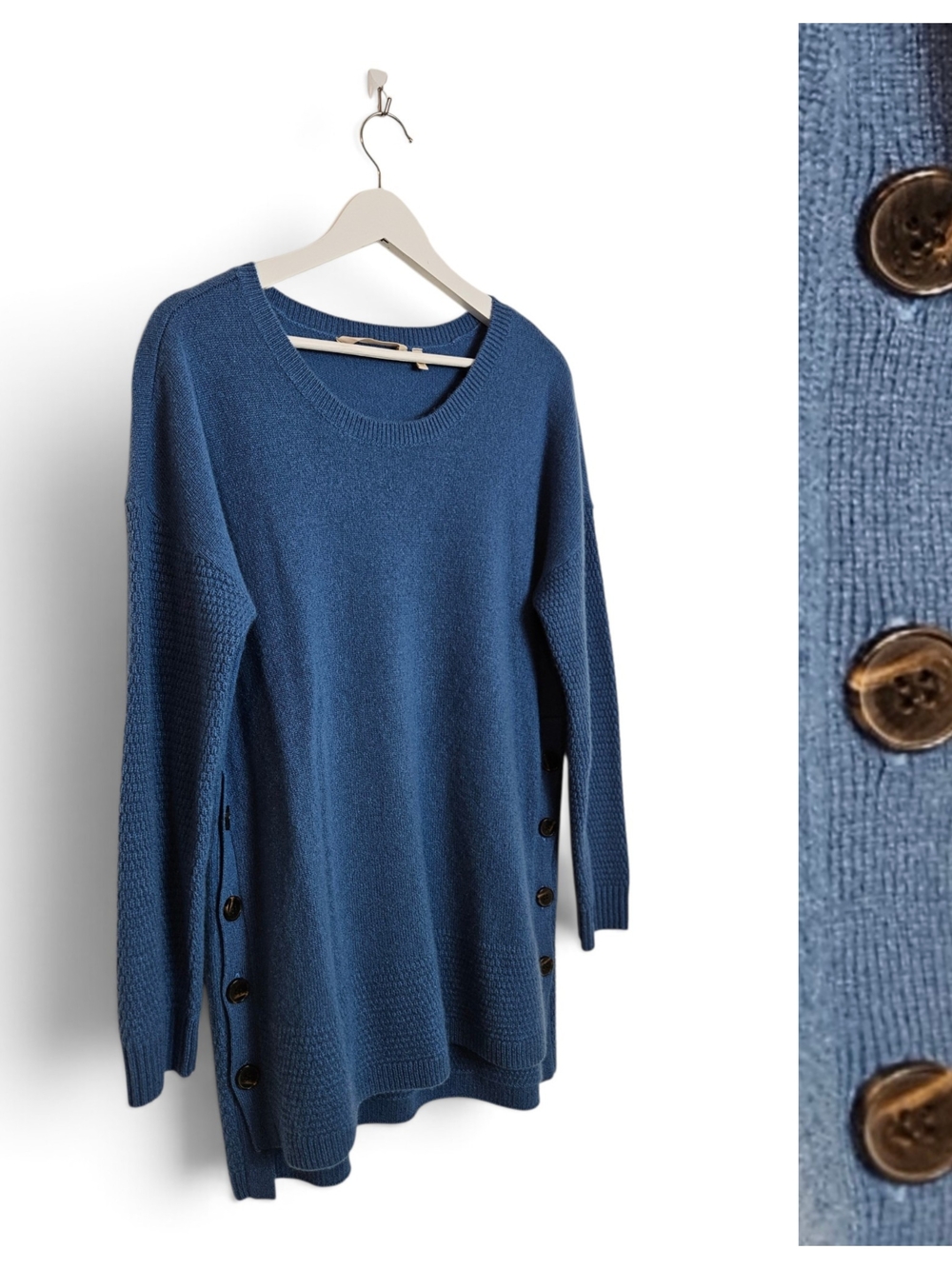 Soft Surroundings Sweater M Cashmere Side Button Tunic Quiet Luxury French Blue
